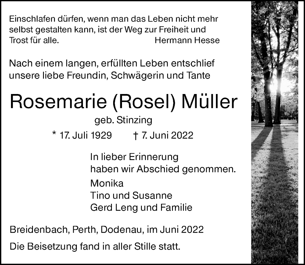  Traueranzeige für Rosemarie Müller vom 17.06.2022 aus Hinterländer Anzeiger