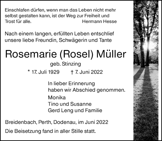Traueranzeige von Rosemarie Müller von Hinterländer Anzeiger
