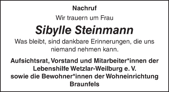 Traueranzeige von Sibylle Steinmann von Weilburger Tageblatt