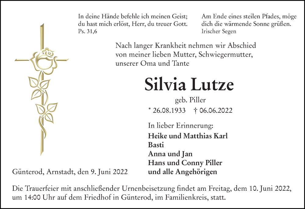  Traueranzeige für Silvia Lutze vom 09.06.2022 aus Hinterländer Anzeiger