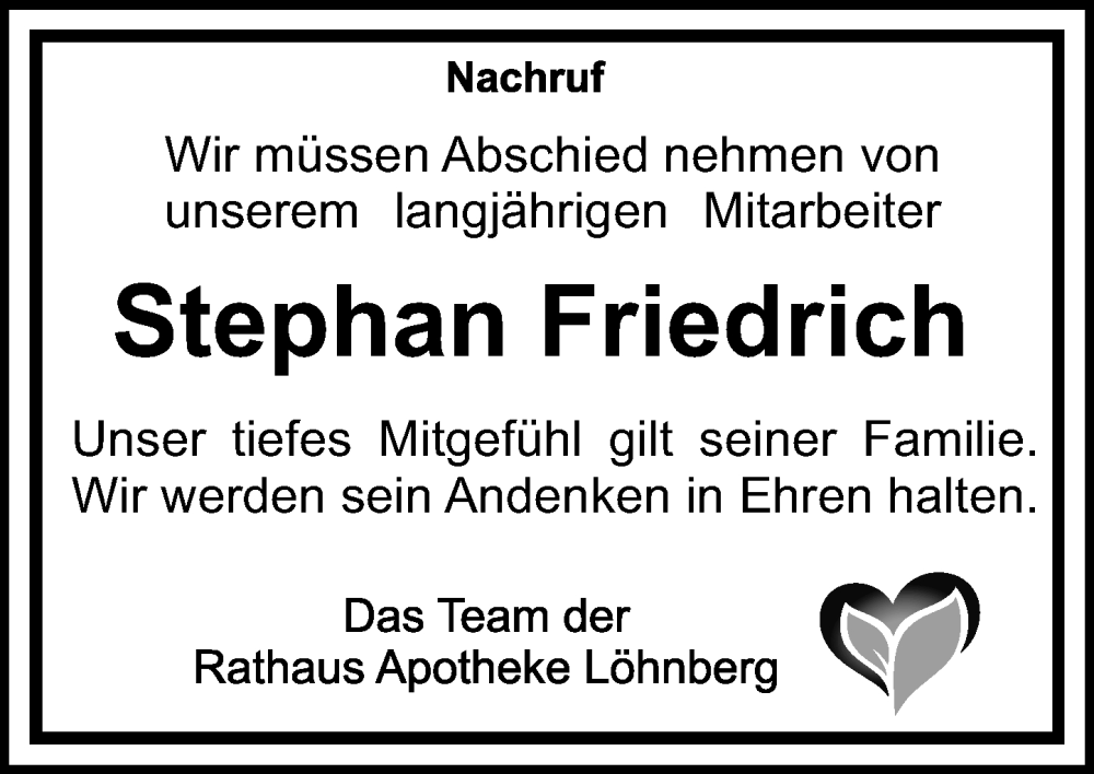  Traueranzeige für Stephan Friedrich vom 25.06.2022 aus Weilburger Tageblatt