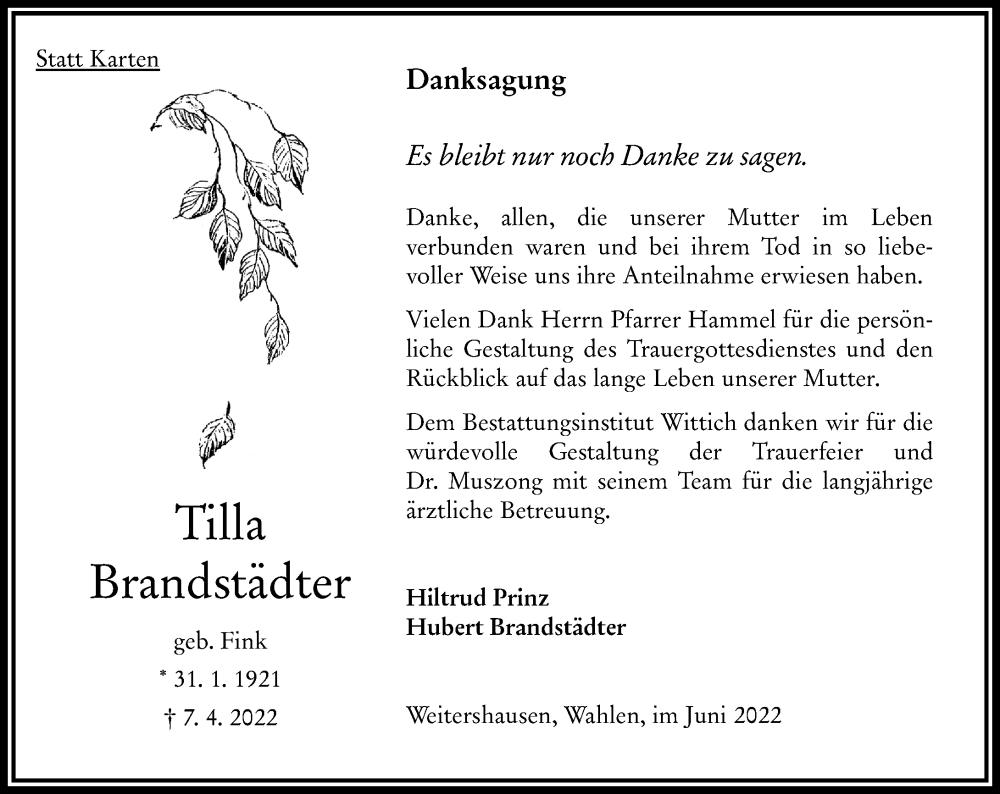  Traueranzeige für Tilla Brandstaedter vom 25.06.2022 aus Oberhessische Zeitung