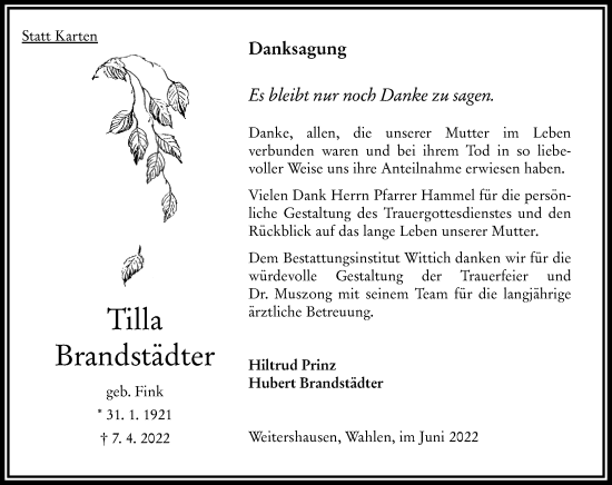 Traueranzeige von Tilla Brandstaedter von Oberhessische Zeitung