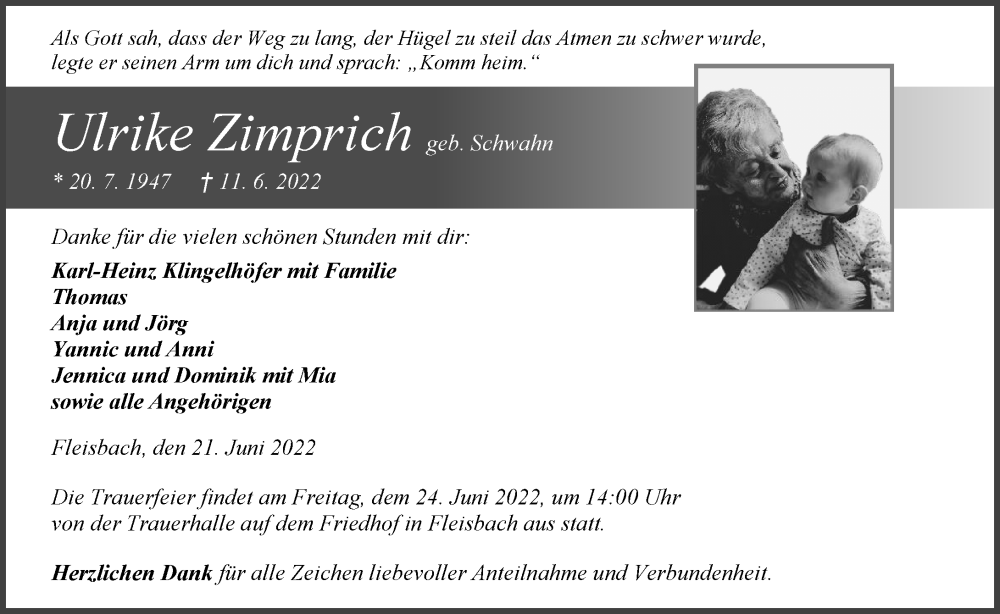  Traueranzeige für Ulrike Zimprich vom 21.06.2022 aus Dill Block