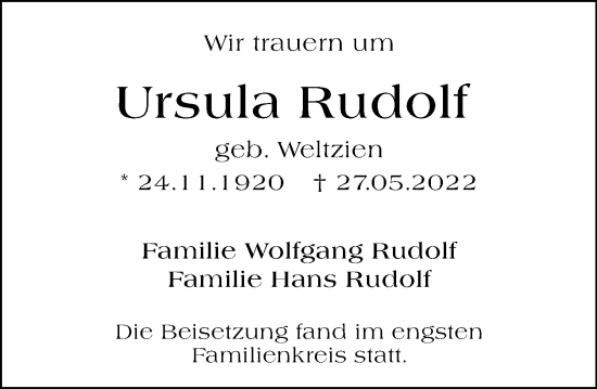 Traueranzeige von Ursula Rudolf von Hinterländer Anzeiger