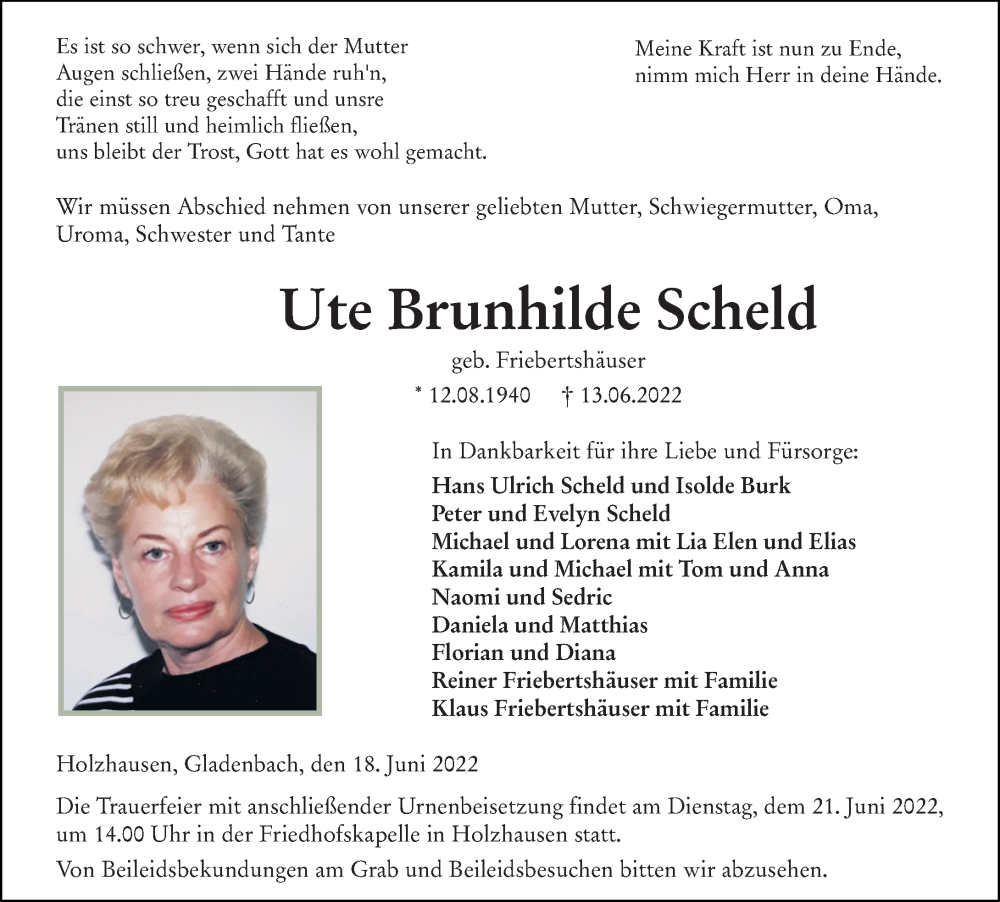  Traueranzeige für Ute Brunhilde Scheld vom 18.06.2022 aus Hinterländer Anzeiger