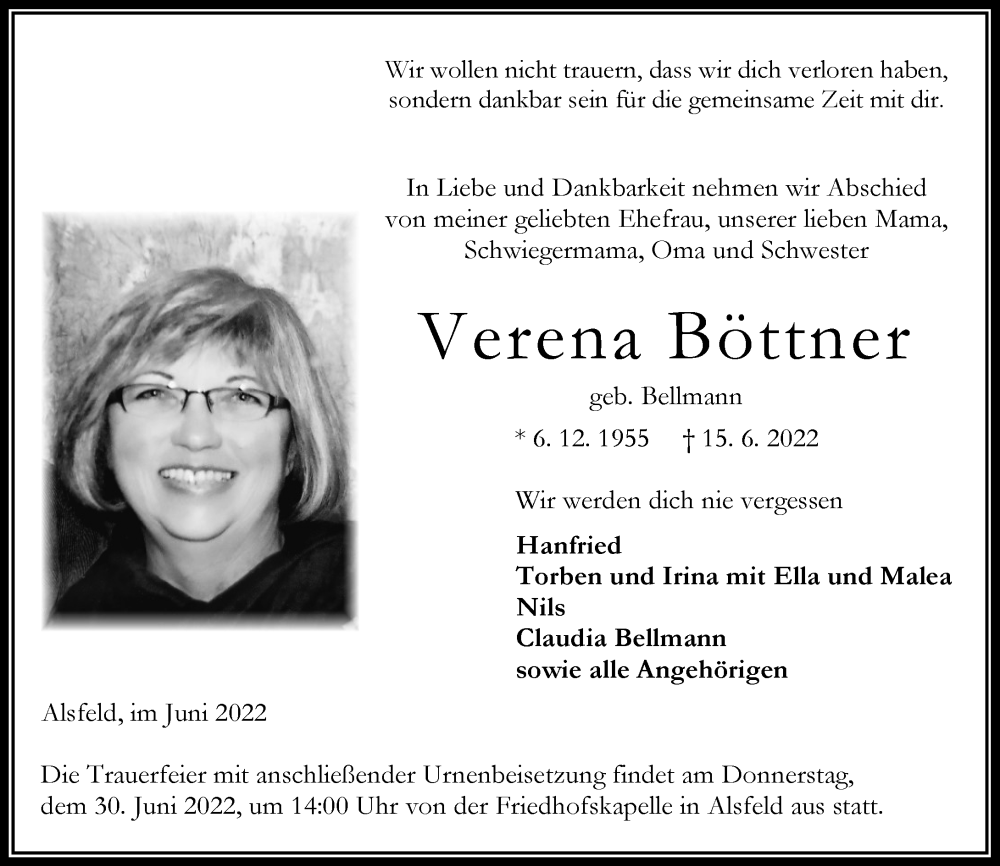  Traueranzeige für Verena Böttner vom 25.06.2022 aus Oberhessische Zeitung
