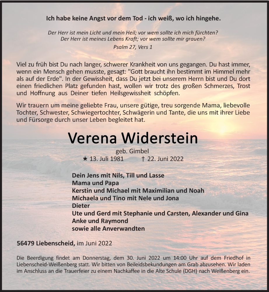  Traueranzeige für Verena Widerstein vom 28.06.2022 aus Dill Block