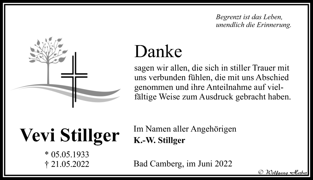  Traueranzeige für Vevi Stillger vom 17.06.2022 aus Camberger Anzeiger