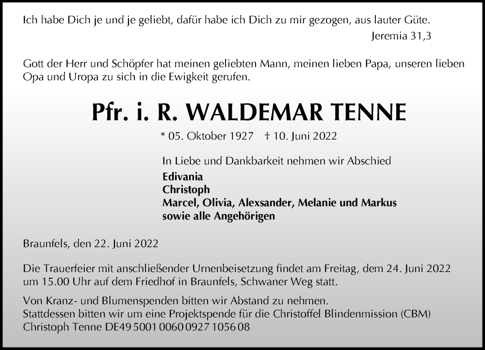  Traueranzeige für Waldemar Tenne vom 22.06.2022 aus Wetzlarer Neue Zeitung