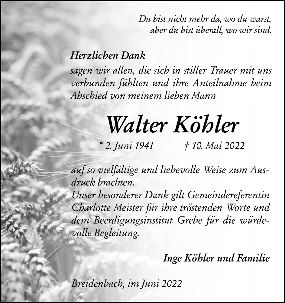  Traueranzeige für Walter Köhler vom 11.06.2022 aus Hinterländer Anzeiger