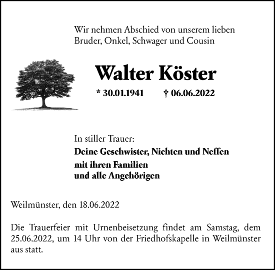 Traueranzeige von Walter Köster von Weilburger Tageblatt
