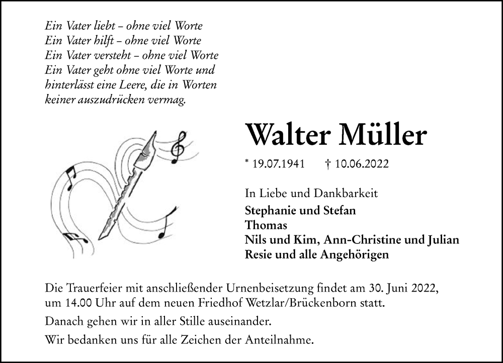 Traueranzeige für Walter Müller vom 27.06.2022 aus Wetzlarer Neue Zeitung