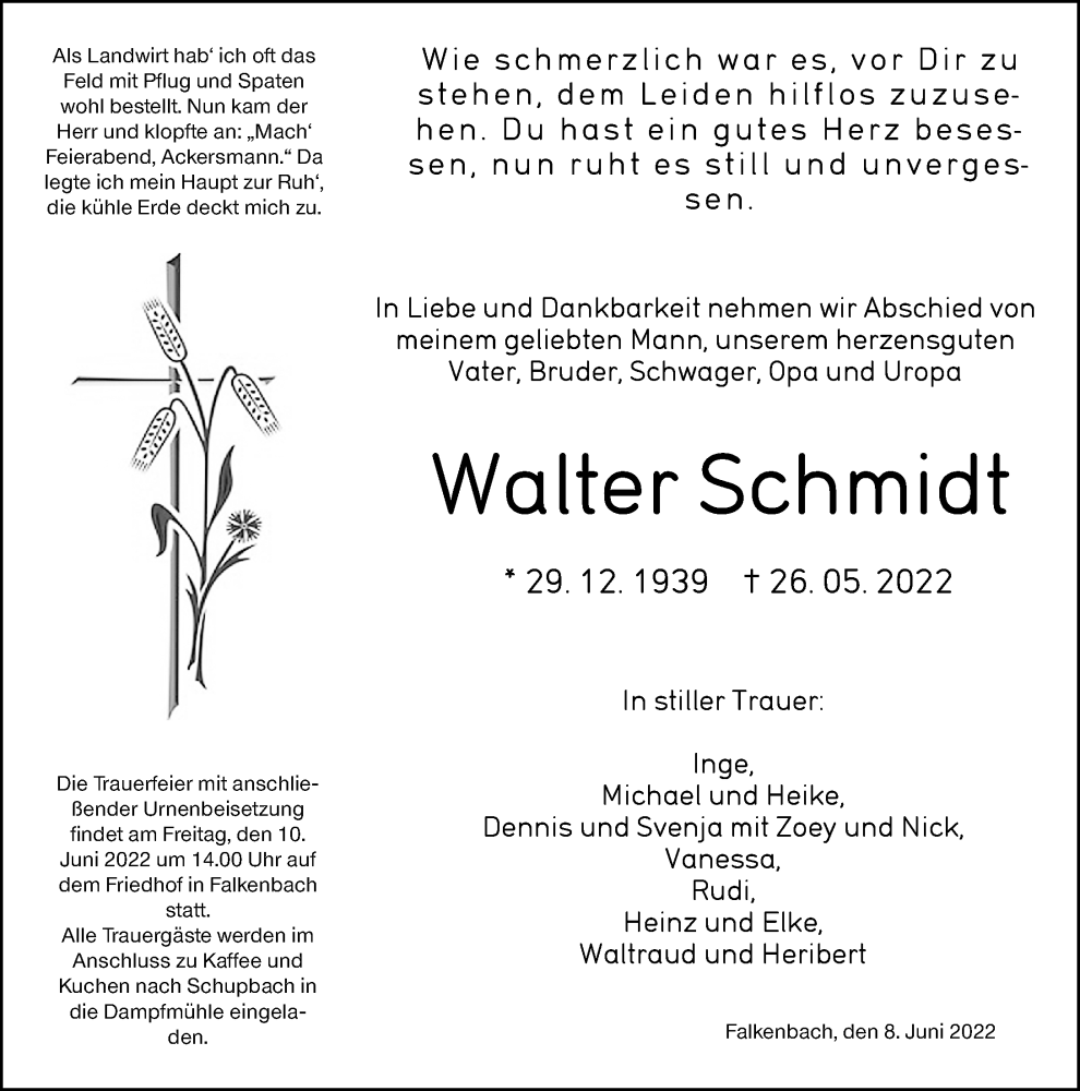  Traueranzeige für Walter Schmidt vom 08.06.2022 aus Weilburger Tageblatt