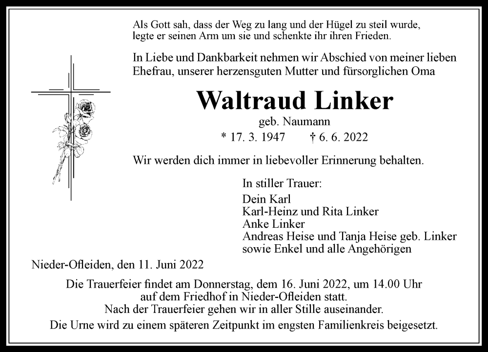  Traueranzeige für Waltraud Linker vom 11.06.2022 aus Oberhessische Zeitung
