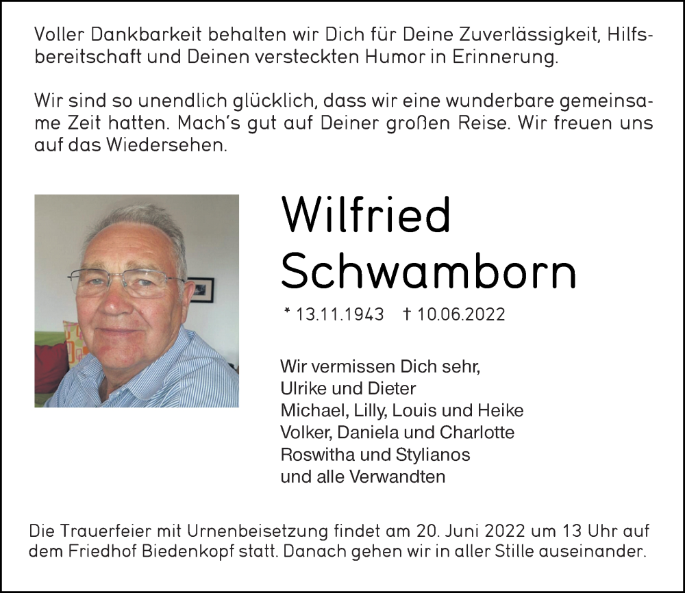  Traueranzeige für Wilfried Schwamborn vom 17.06.2022 aus Hinterländer Anzeiger