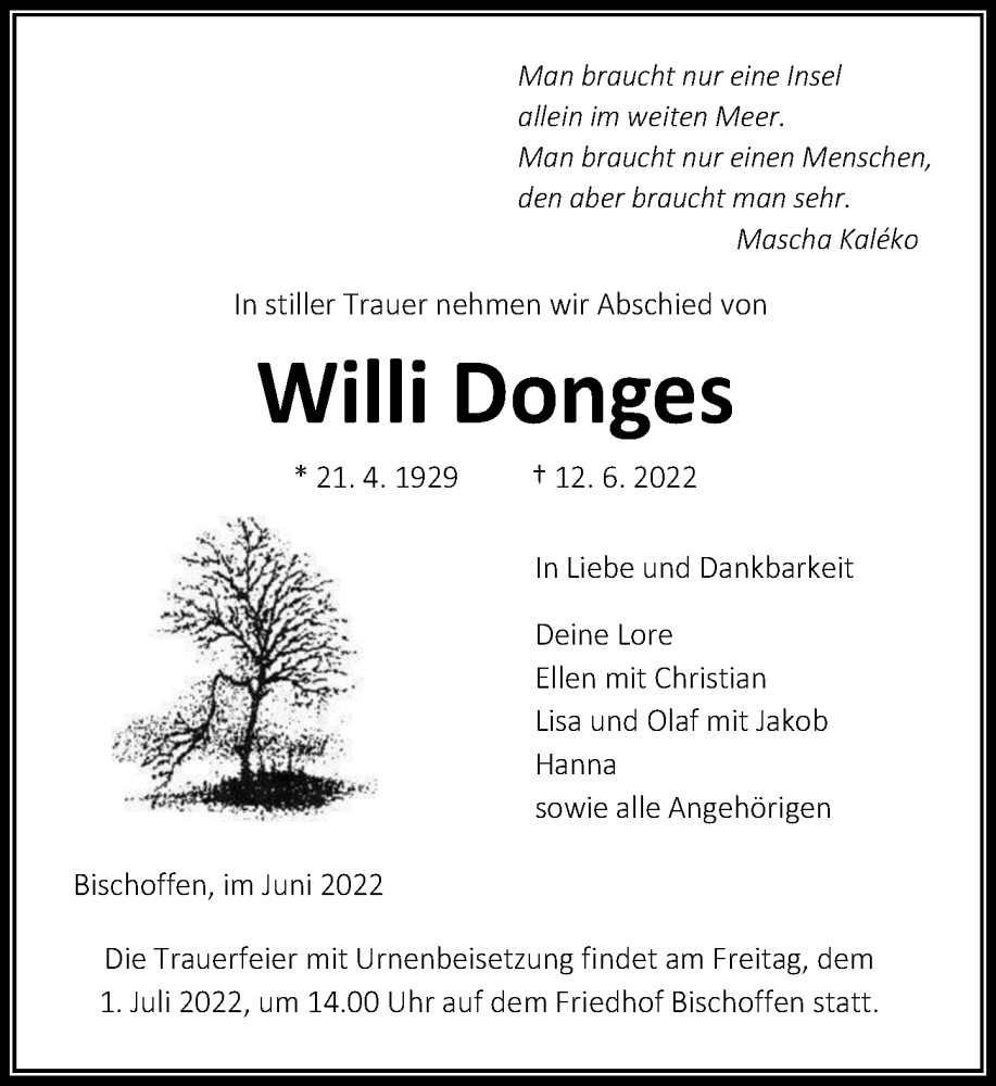  Traueranzeige für Willi Donges vom 24.06.2022 aus Dill Block
