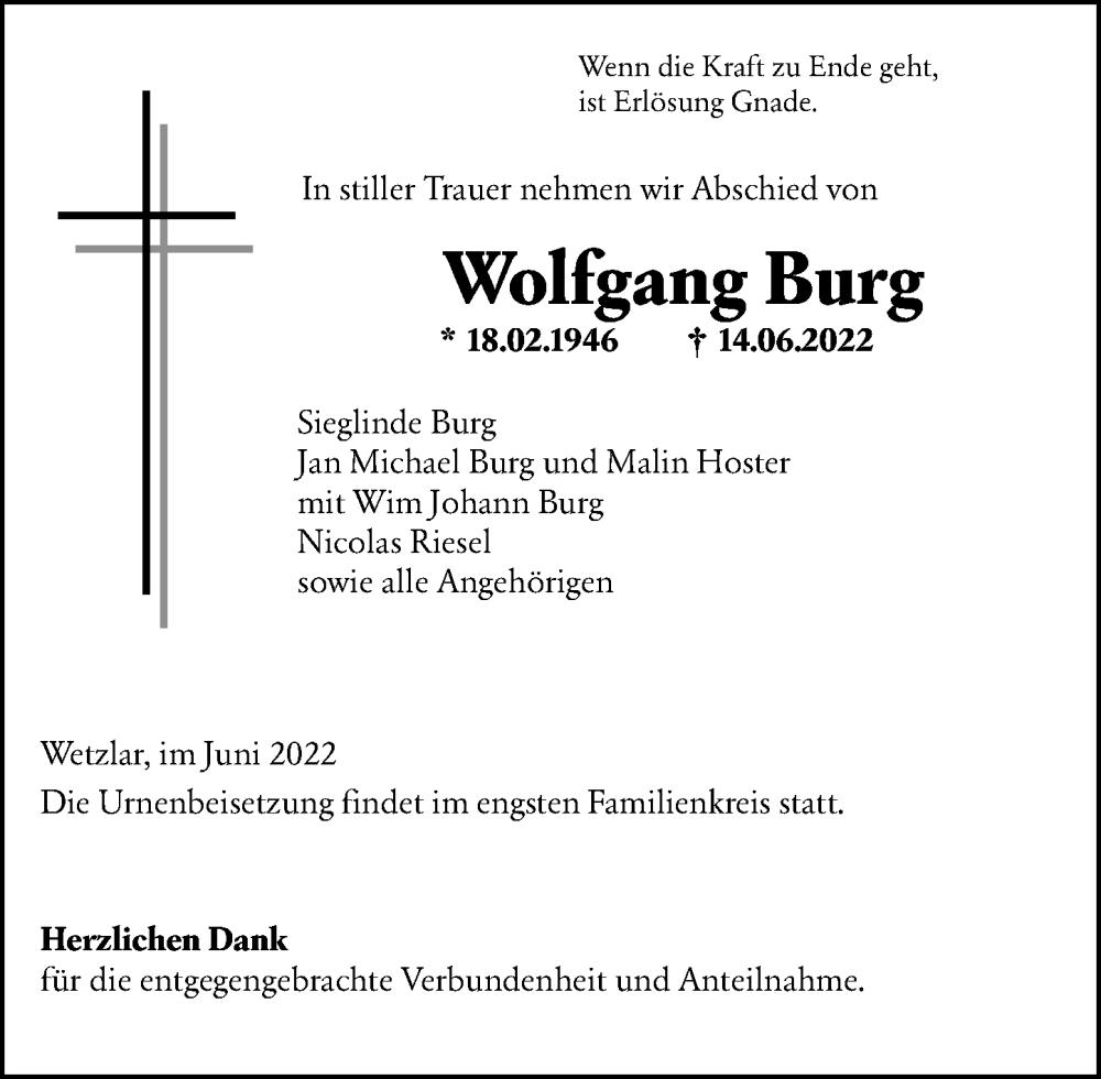  Traueranzeige für Wolfgang Burg vom 22.06.2022 aus Wetzlarer Neue Zeitung