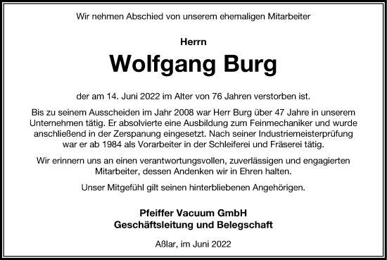 Traueranzeige von Wolfgang Burg von Wetzlarer Neue Zeitung