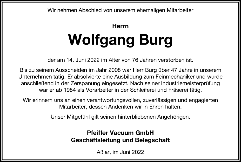  Traueranzeige für Wolfgang Burg vom 23.06.2022 aus Wetzlarer Neue Zeitung