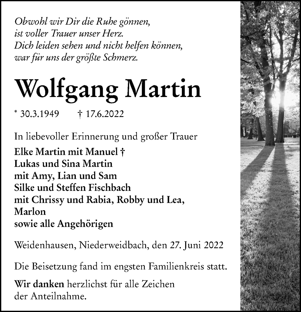  Traueranzeige für Wolfgang Martin vom 27.06.2022 aus Hinterländer Anzeiger