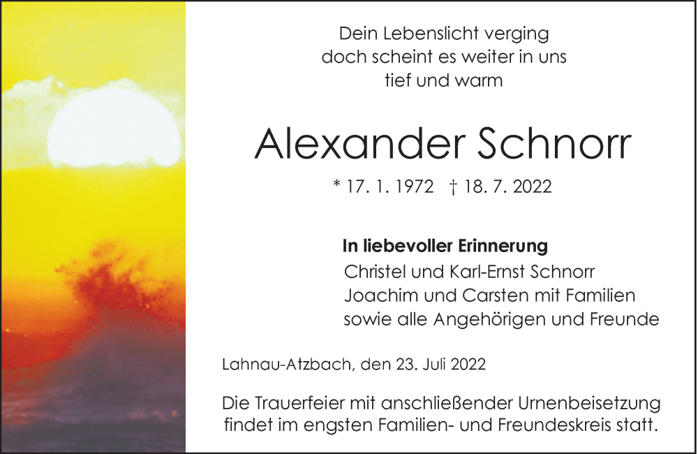  Traueranzeige für Alexander Schnorr vom 23.07.2022 aus Wetzlarer Neue Zeitung