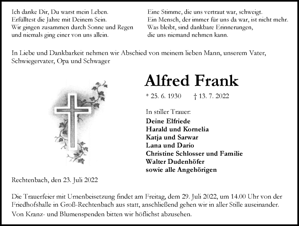  Traueranzeige für Alfred Frank vom 23.07.2022 aus Wetzlarer Neue Zeitung