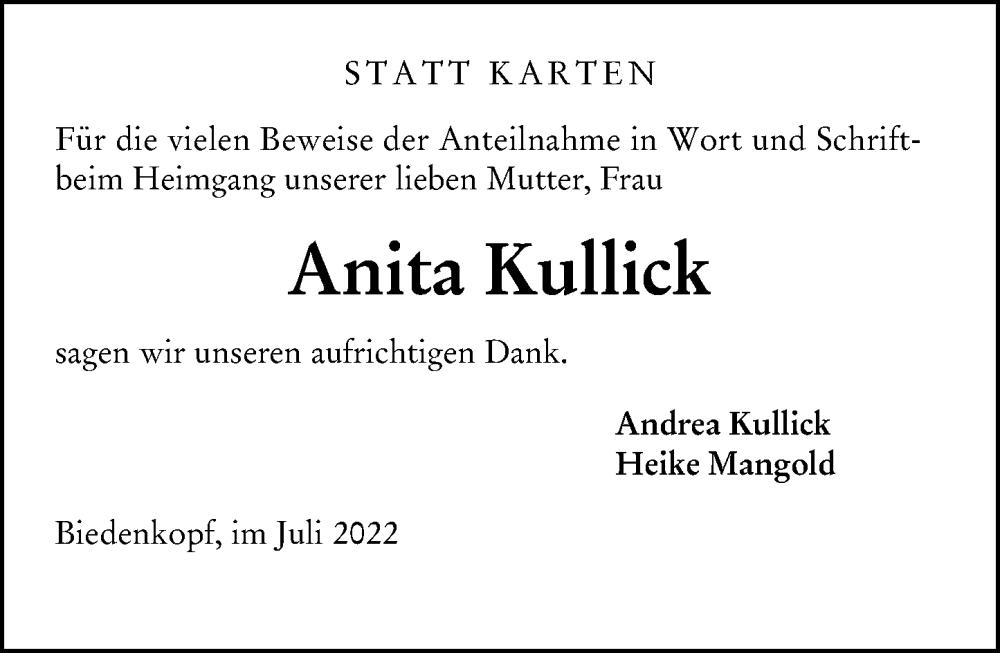  Traueranzeige für Anita Kullick vom 18.07.2022 aus Hinterländer Anzeiger