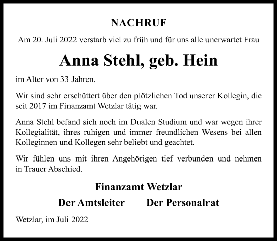 Traueranzeige von Anna Stehl von Wetzlarer Neue Zeitung