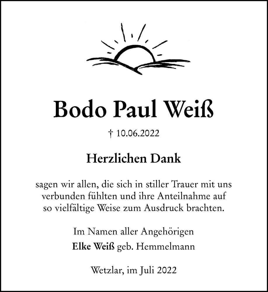  Traueranzeige für Bodo Paul Weiß vom 16.07.2022 aus Wetzlarer Neue Zeitung