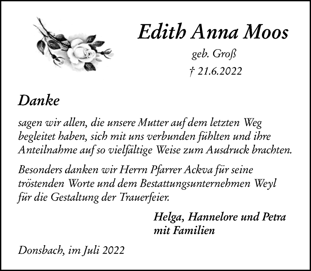  Traueranzeige für Edith Anna Moos vom 23.07.2022 aus Dill Block