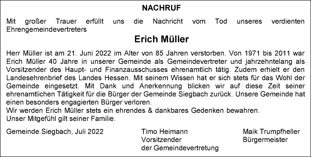  Traueranzeige für Erich Müller vom 02.07.2022 aus Dill Block