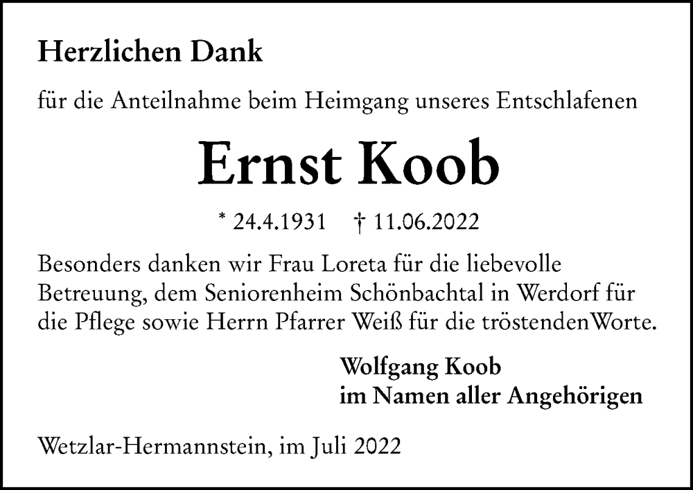  Traueranzeige für Ernst Koob vom 02.07.2022 aus Wetzlarer Neue Zeitung