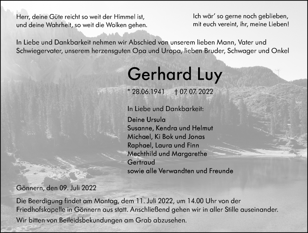  Traueranzeige für Gerhard Luy vom 09.07.2022 aus Hinterländer Anzeiger