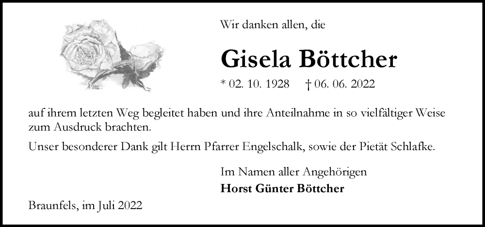  Traueranzeige für Gisela Böttcher vom 23.07.2022 aus Wetzlarer Neue Zeitung