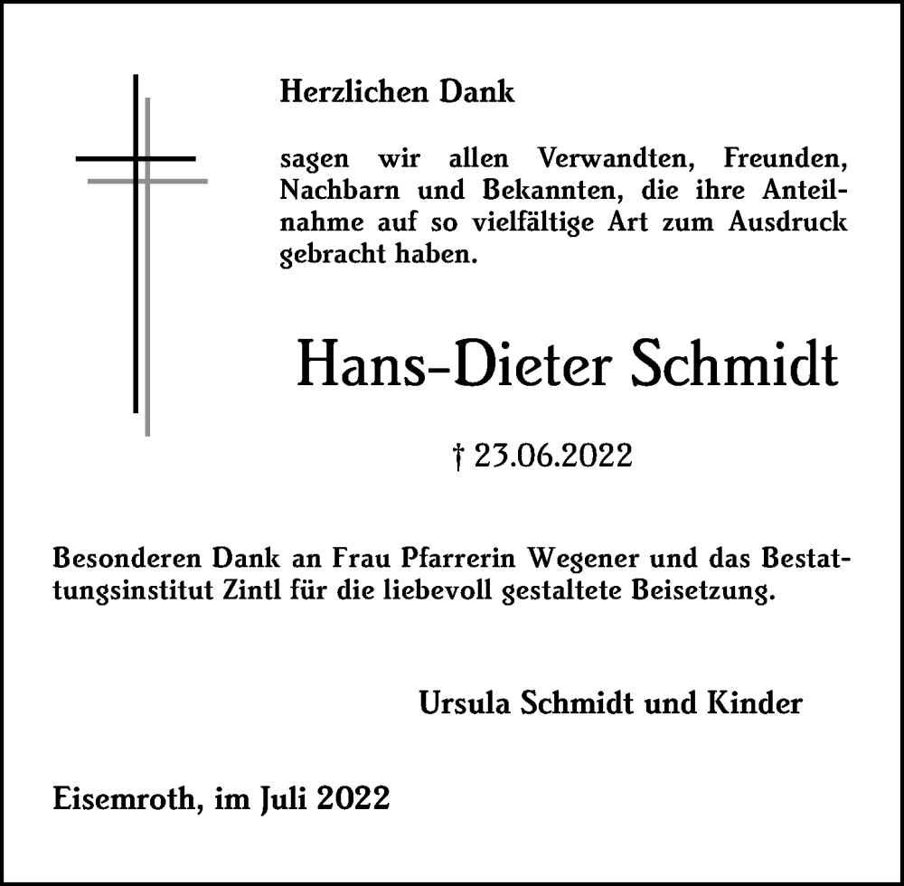  Traueranzeige für Hans-Dieter Schmidt vom 30.07.2022 aus Dill Block