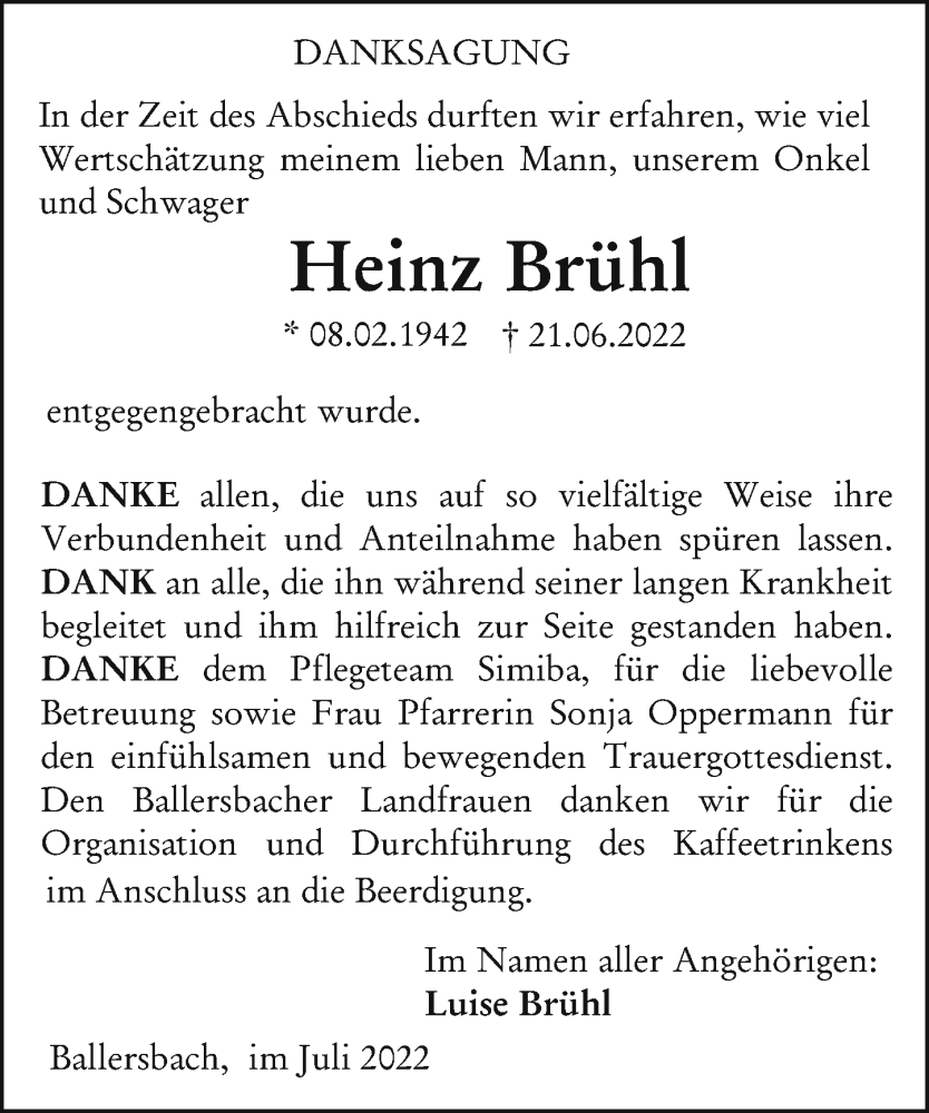  Traueranzeige für Heinz Brühl vom 30.07.2022 aus Dill Block