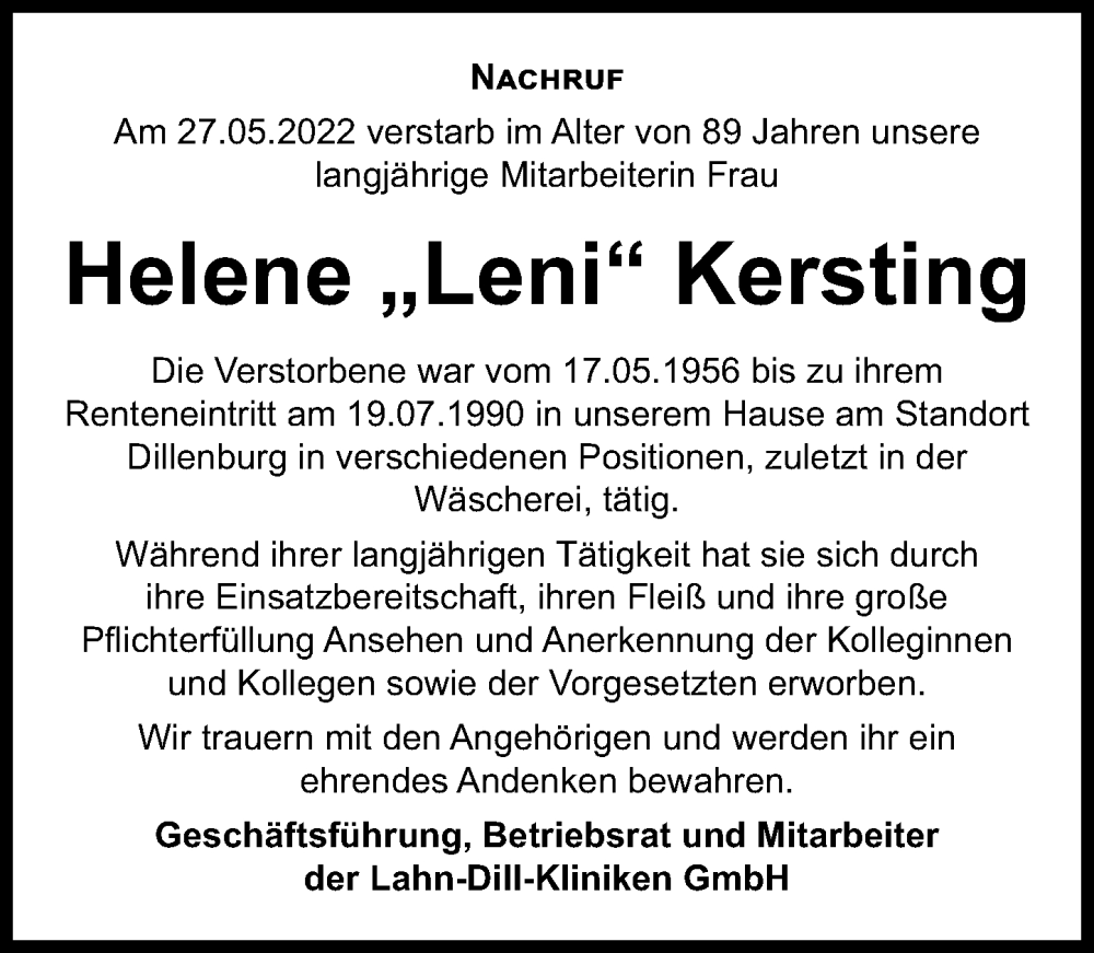  Traueranzeige für Helene Kersting vom 02.07.2022 aus Dill Block