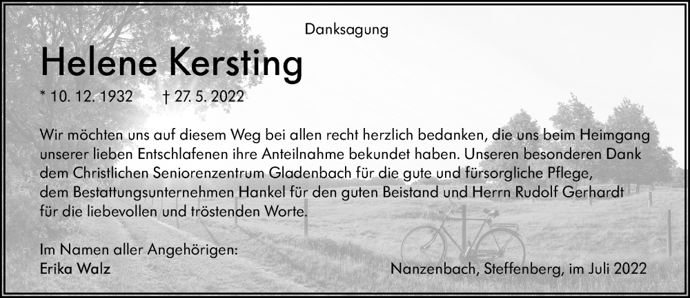  Traueranzeige für Helene Kersting vom 06.07.2022 aus Dill Block
