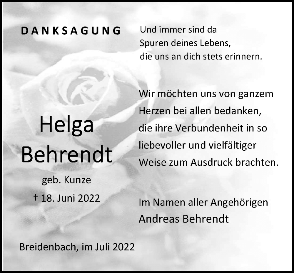  Traueranzeige für Helga Behrendt vom 23.07.2022 aus Hinterländer Anzeiger