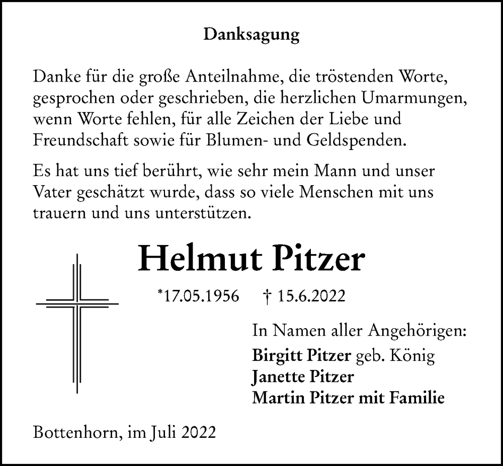  Traueranzeige für Helmut Pitzer vom 29.07.2022 aus Hinterländer Anzeiger