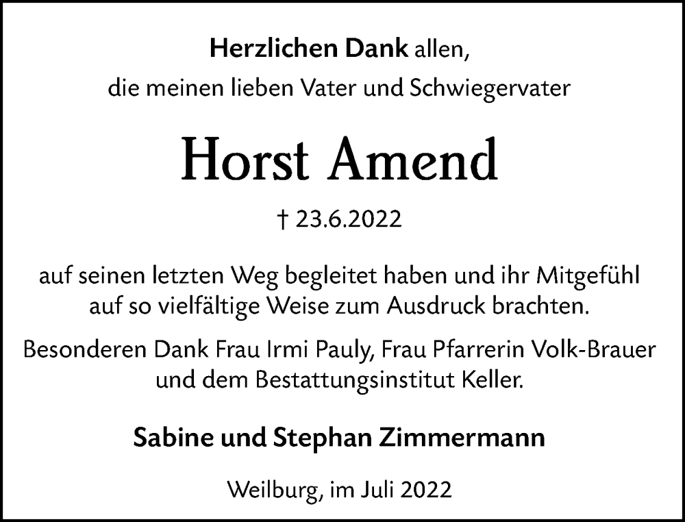  Traueranzeige für Horst Amend vom 23.07.2022 aus Weilburger Tageblatt