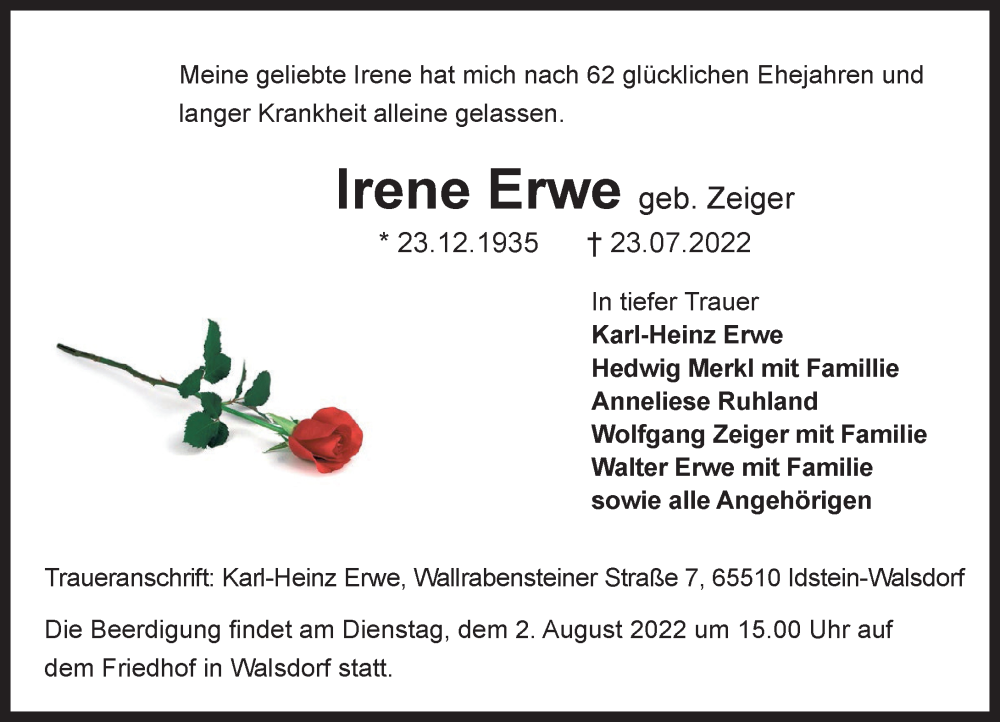  Traueranzeige für Irene Erwe vom 28.07.2022 aus Camberger Anzeiger