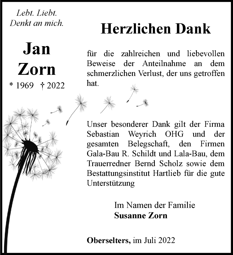  Traueranzeige für Jan Zorn vom 28.07.2022 aus Camberger Anzeiger