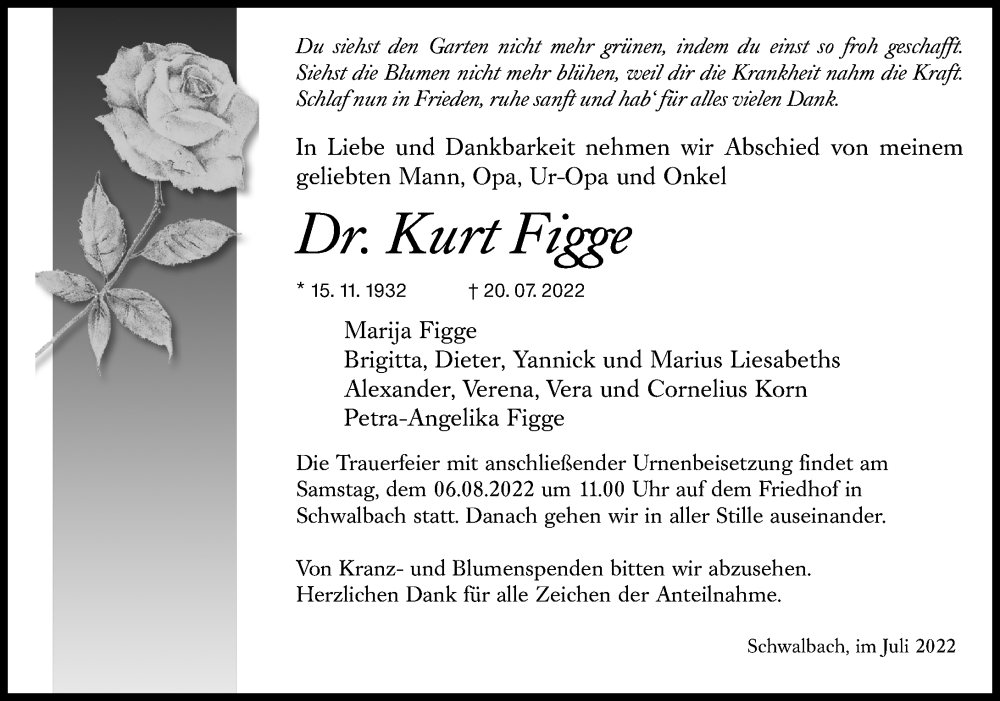  Traueranzeige für Kurt Figge vom 30.07.2022 aus Wetzlarer Neue Zeitung