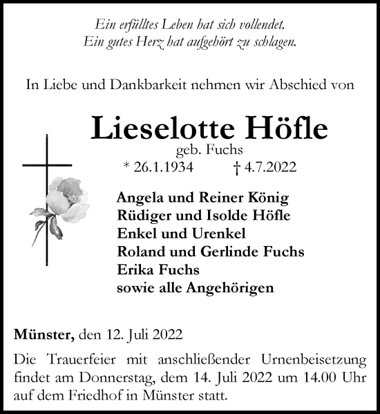 Traueranzeige von Lieselotte Höfle von Weilburger Tageblatt