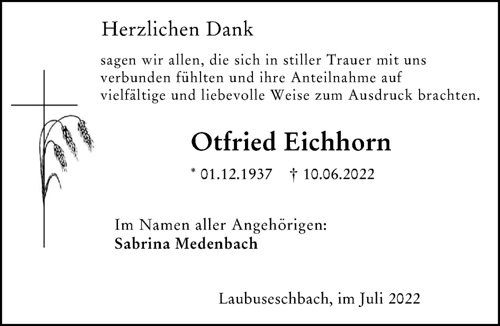  Traueranzeige für Otfried Eichhorn vom 09.07.2022 aus Weilburger Tageblatt