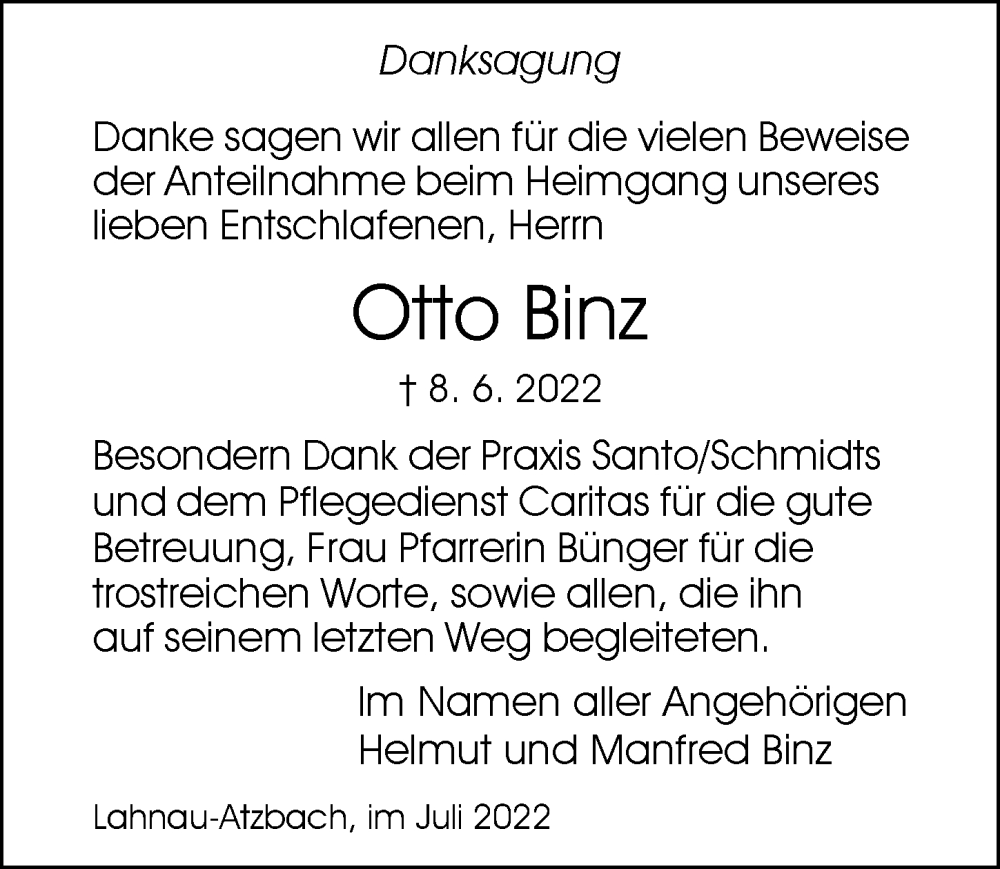  Traueranzeige für Otto Binz vom 09.07.2022 aus Wetzlarer Neue Zeitung