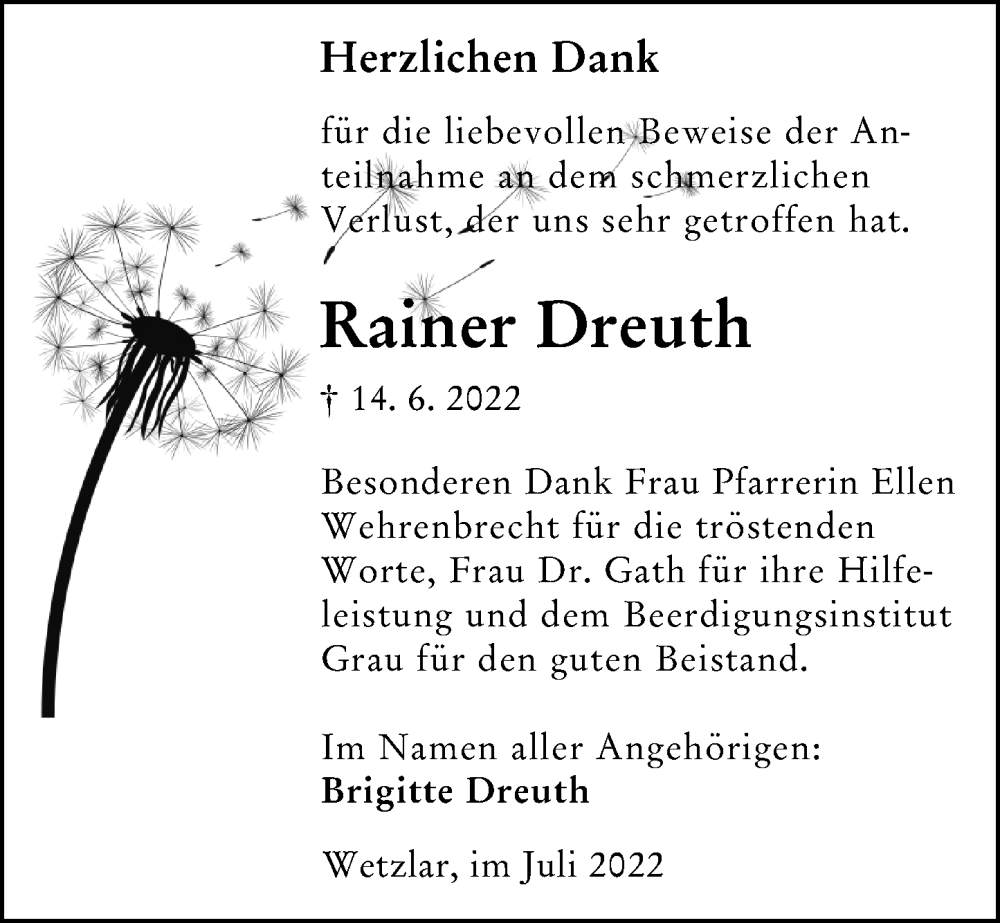  Traueranzeige für Rainer Dreuth vom 09.07.2022 aus Wetzlarer Neue Zeitung