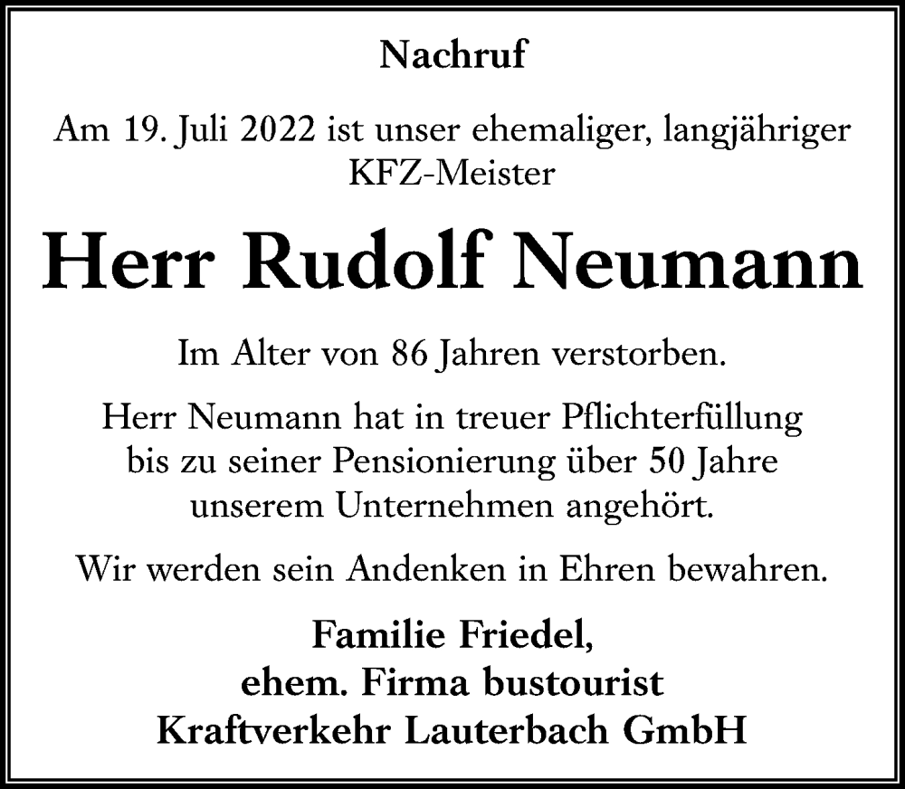  Traueranzeige für Rudolf Neumann vom 27.07.2022 aus Lauterbacher Anzeiger